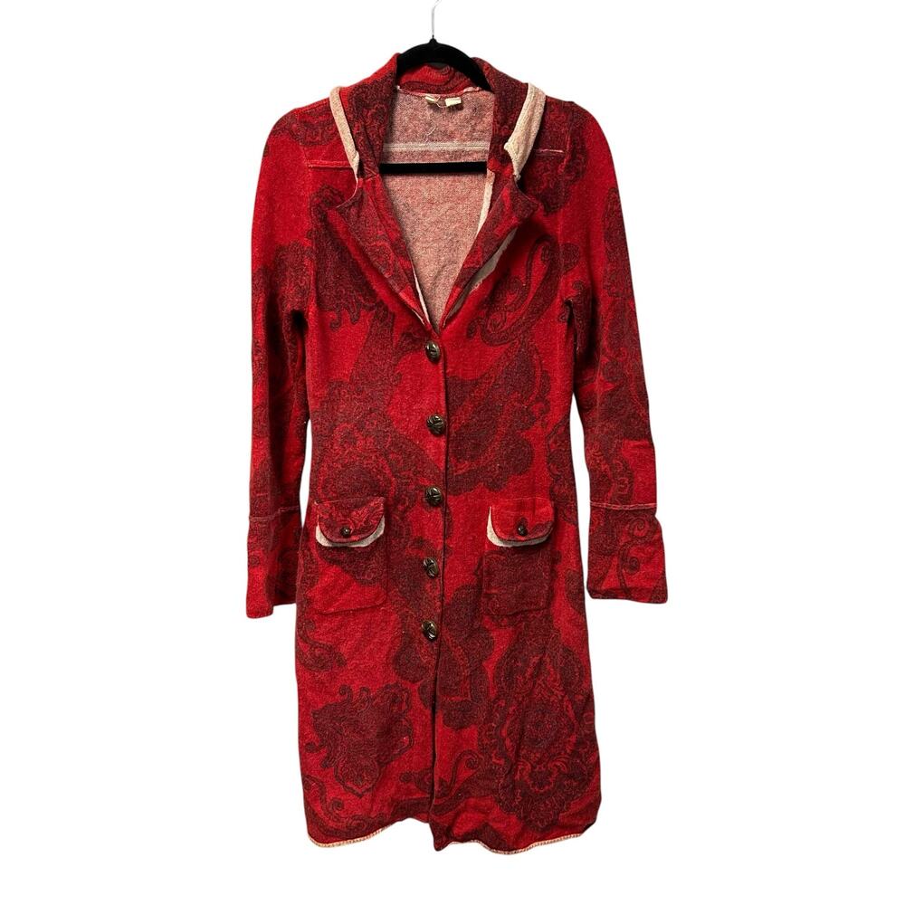 Moth Anthropologie Ruby Red Paisley Print Wool Knit Coat Womens Large AS IS
